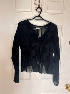Wilfred | Sheer Black Floral Embroidered V-Neck Long-Sleeve Top